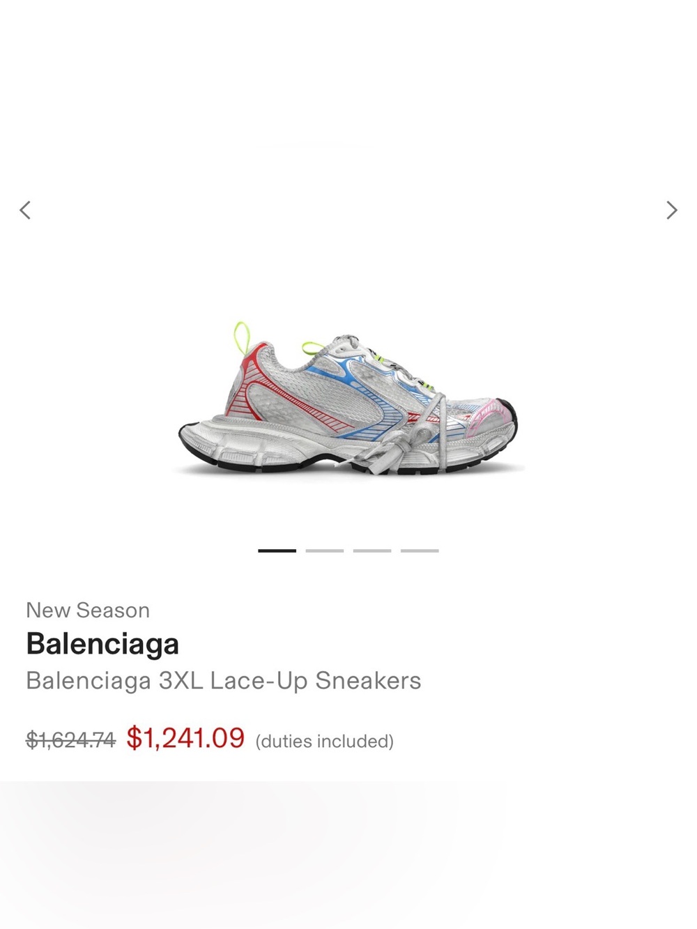 Balenciaga 3XL Lace-Up Sneakers in White with Blue, Red, and Neon Yellow Accents